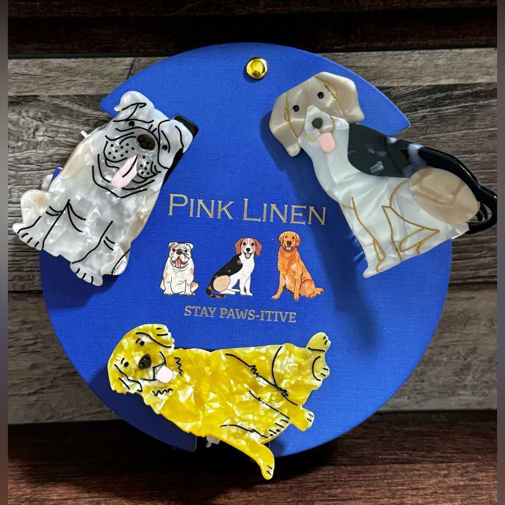 Beagle Golden Retriever Labrador Bull Dog Hair Clips Claws Pink Linen NWT
